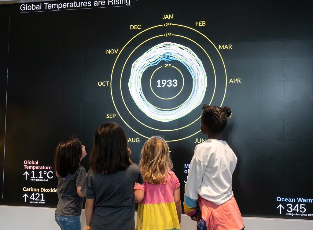 Four young girls watching the NASA Climate Spiral visualization.