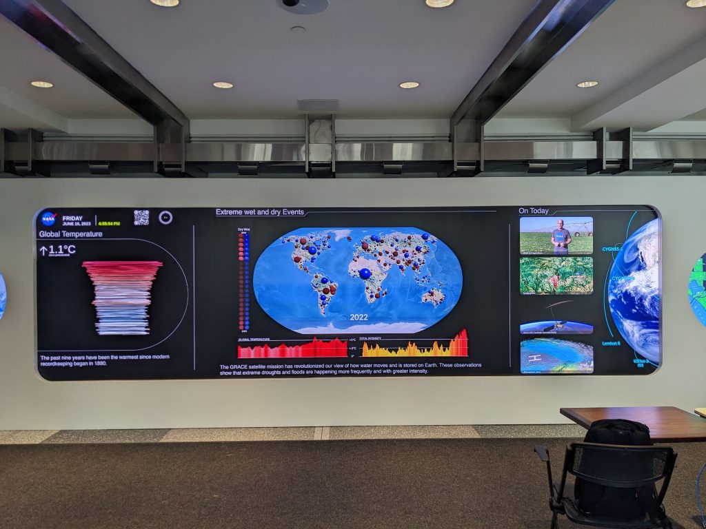 The EIC hyperwall showing a visualization of extreme preciptation events and global temperatures.